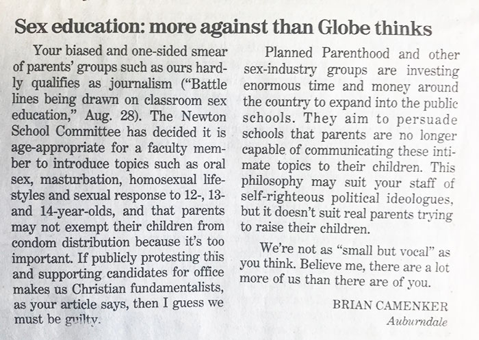 Boston Globe letter to the editor