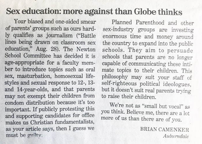 Boston Globe letter to the editor