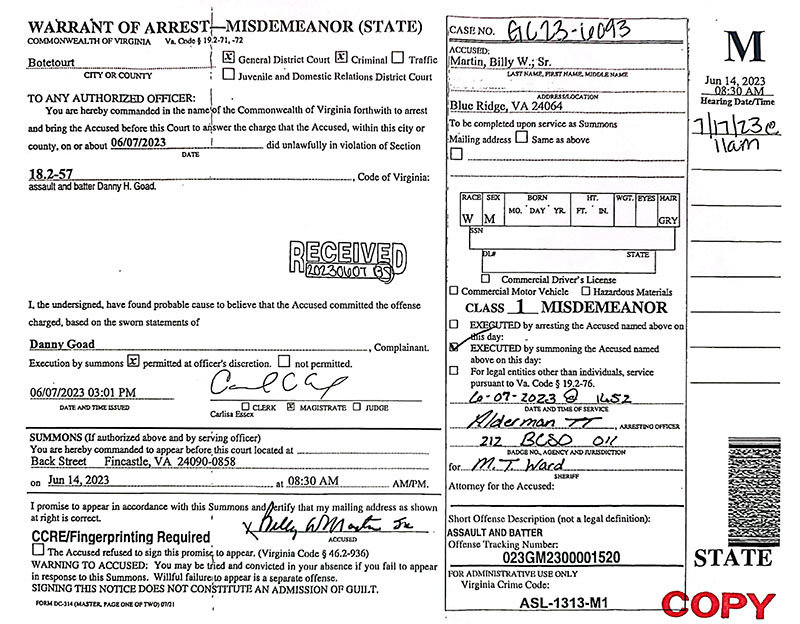 Billy Martin's arrest warrant.